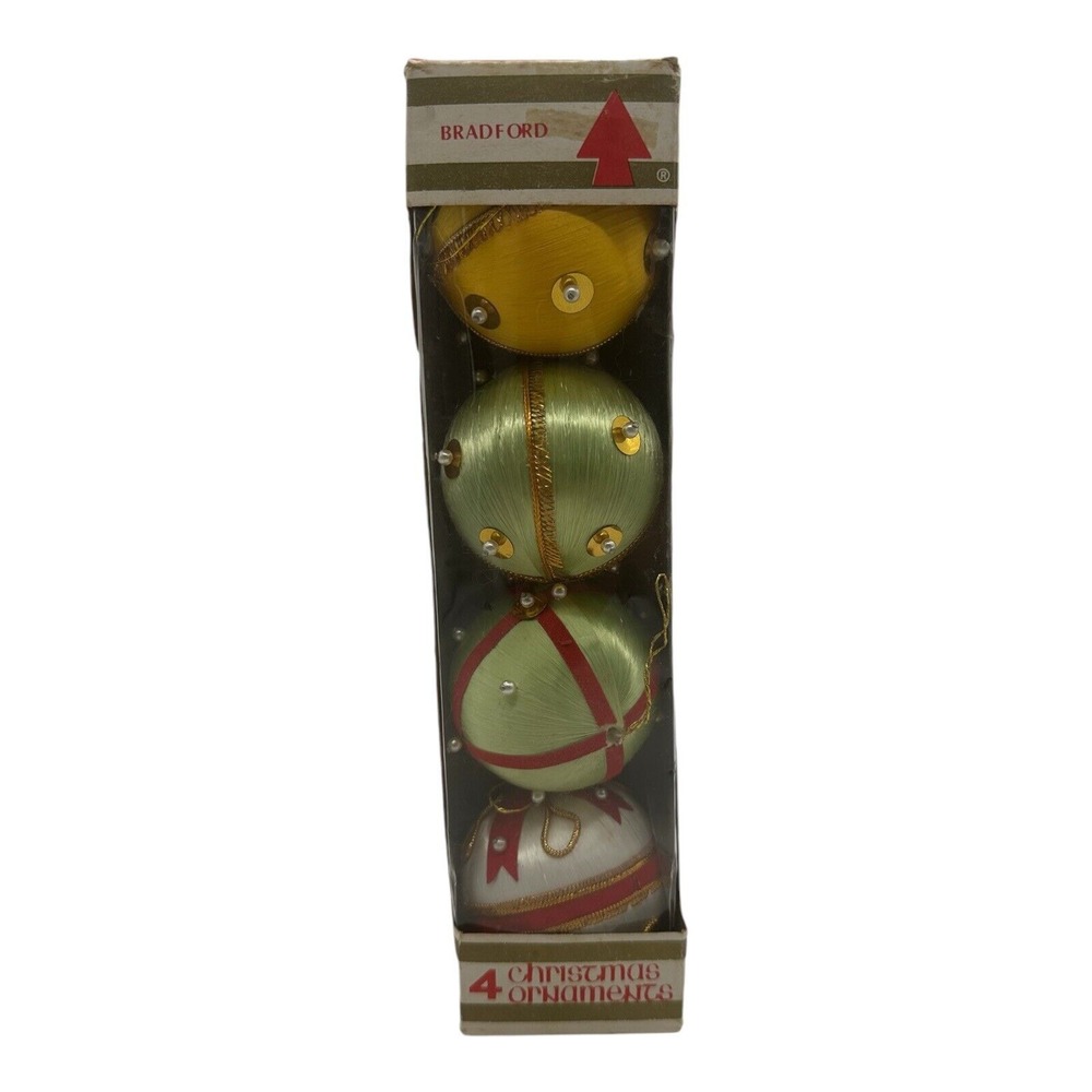 Vintage Box of 4 Bradford Unbreakable Christmas Ornaments 2.5" Green Yellow